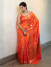 Banarasee Pure Chiniya Silk Saree With Zari Buti Work & Border-Orange