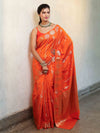 Banarasee Pure Chiniya Silk Saree With Zari Buti Work & Border-Orange