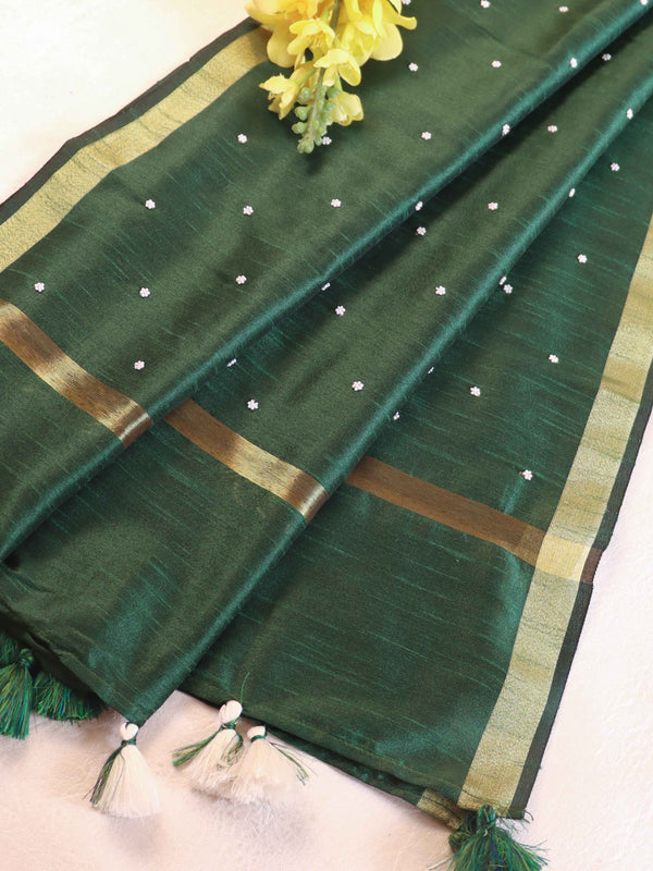 Banarasee Art Silk Dupatta With Hand-Embroidered Motifs-Green