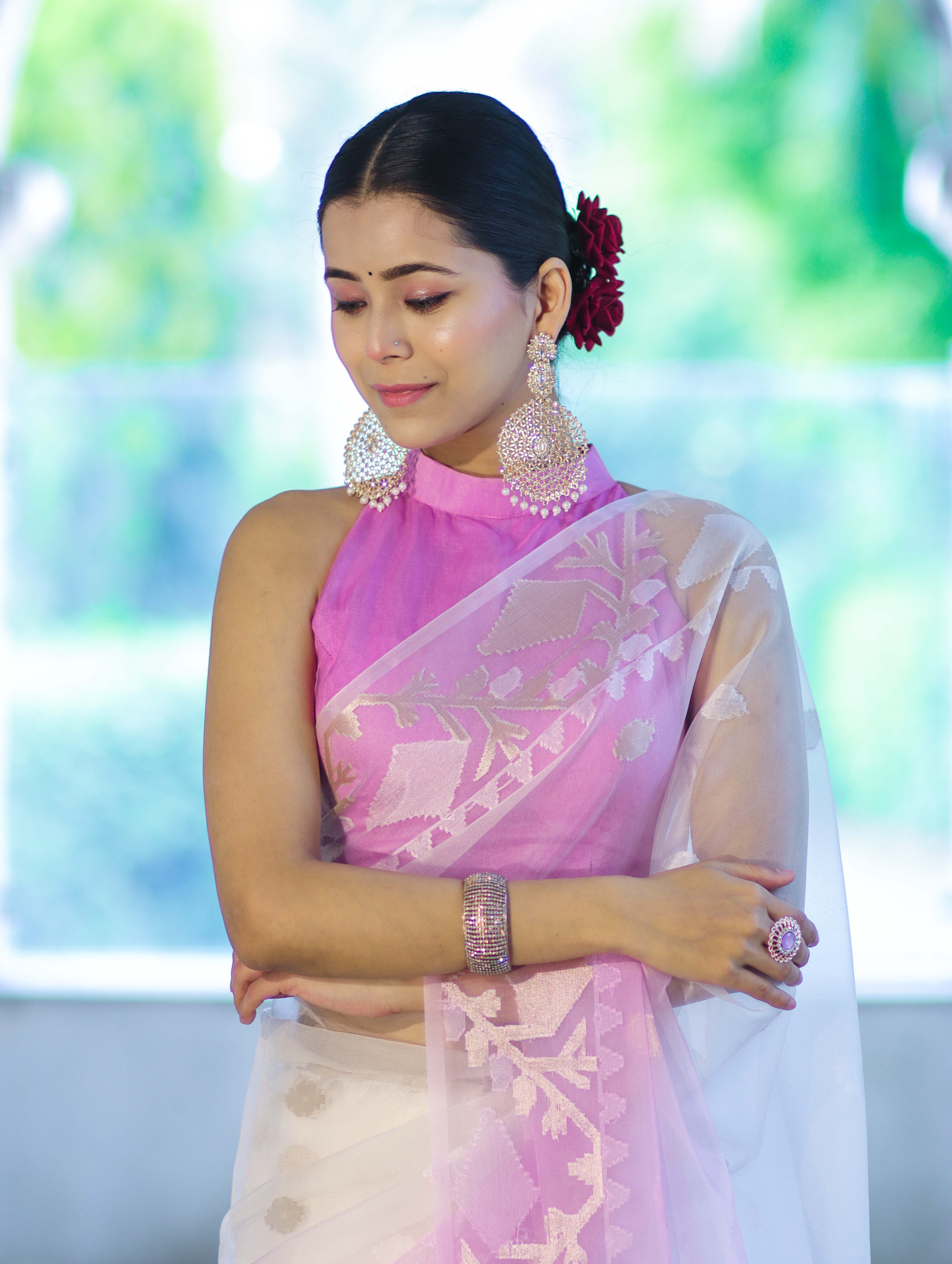 Banarasee Dual Color Organza Mix Saree With Resham & Zari Work-Pink & Off White