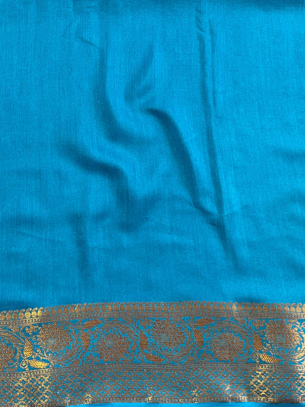 Banarasee Pure Handloom Muga Silk Saree With Zari & Gold Weaving-Blue