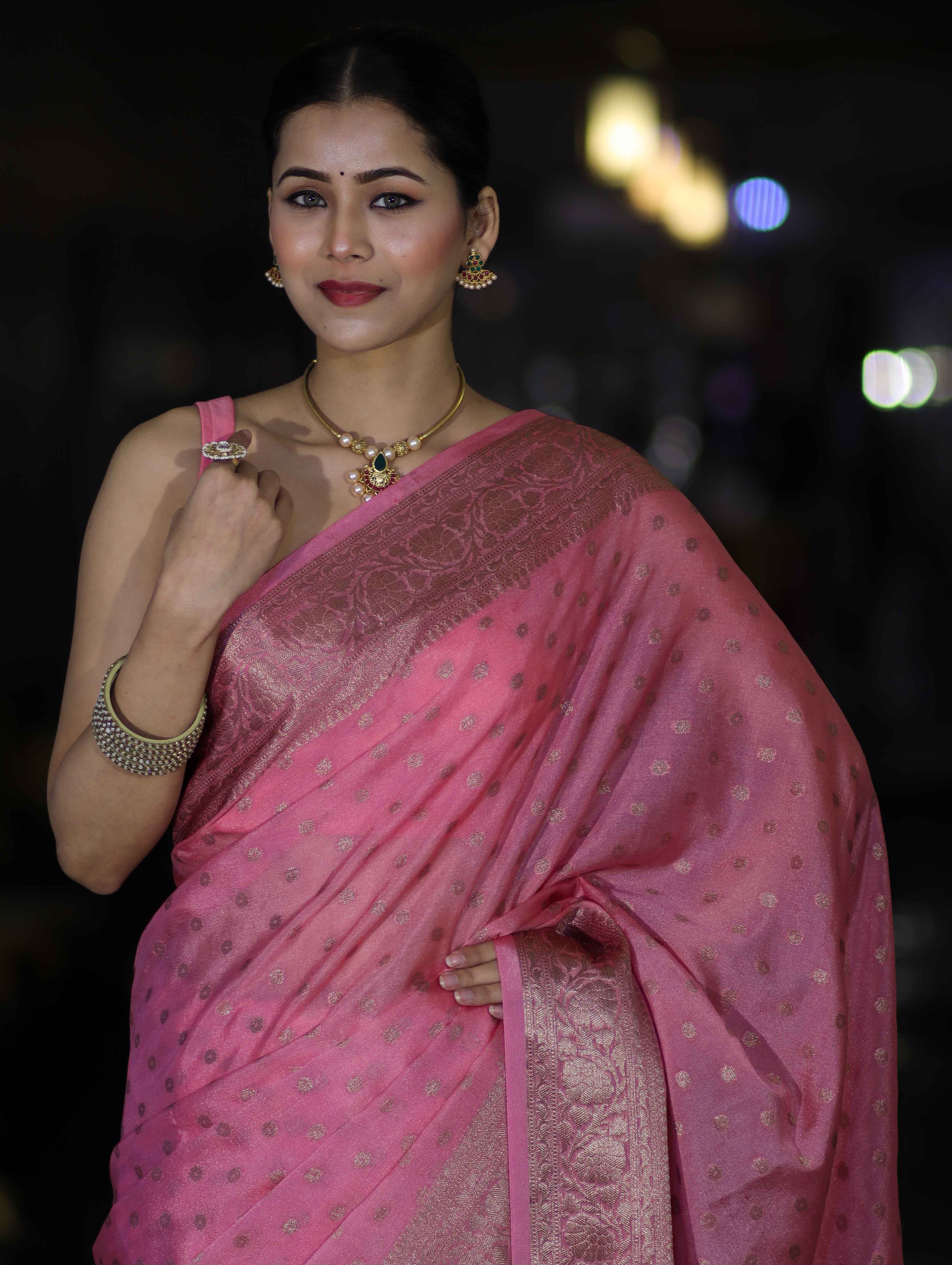 Banarasee Handloom Semi Silk Saree With Antique Zari Buti Design & Floral Border-Light Pink