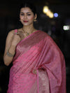 Banarasee Handloom Semi Silk Saree With Antique Zari Buti Design & Floral Border-Light Pink