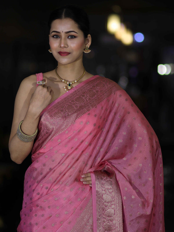Banarasee Handloom Semi Silk Saree With Antique Zari Buti Design & Floral Border-Light Pink