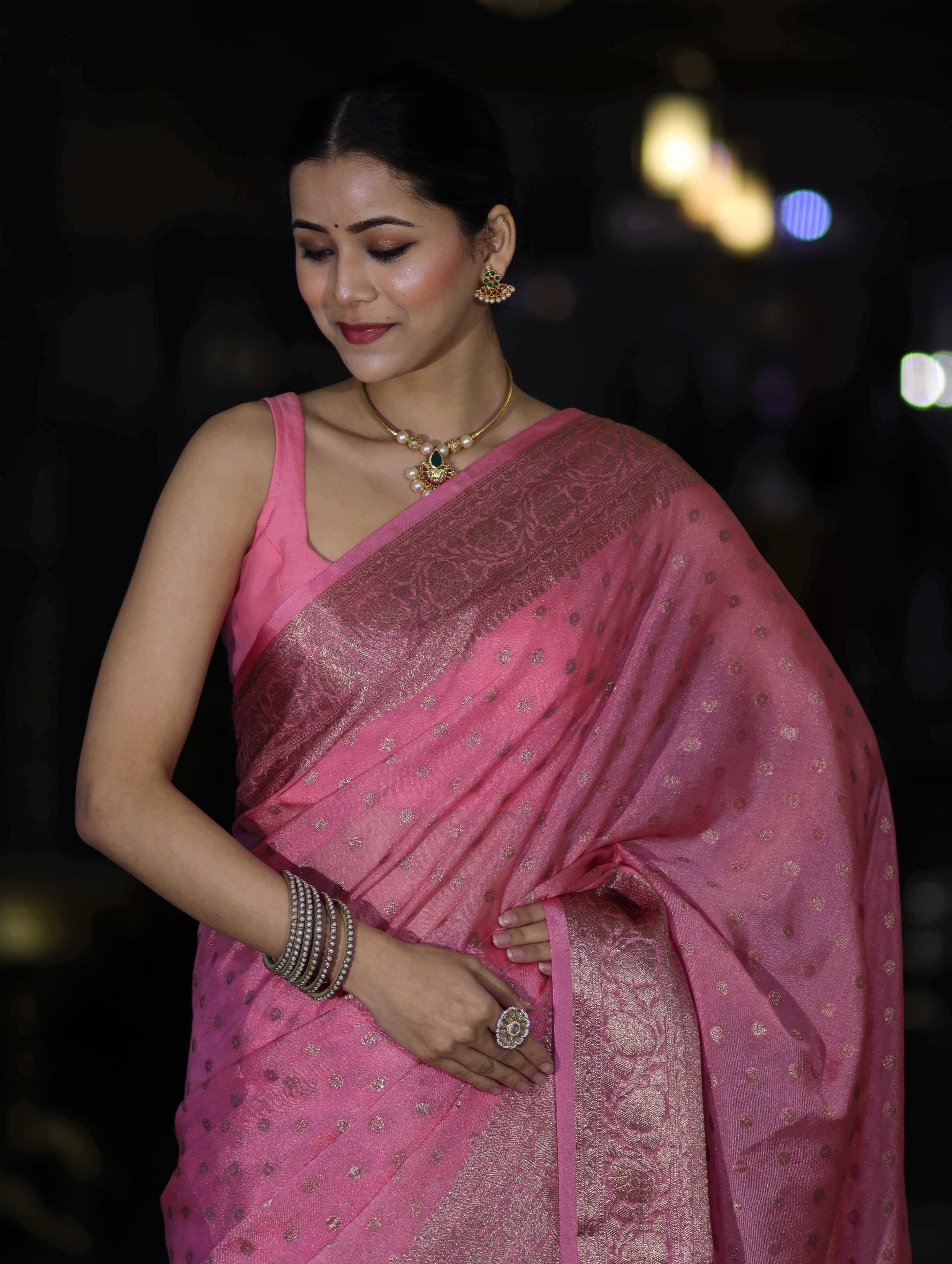 Banarasee Handloom Semi Silk Saree With Antique Zari Buti Design & Floral Border-Light Pink