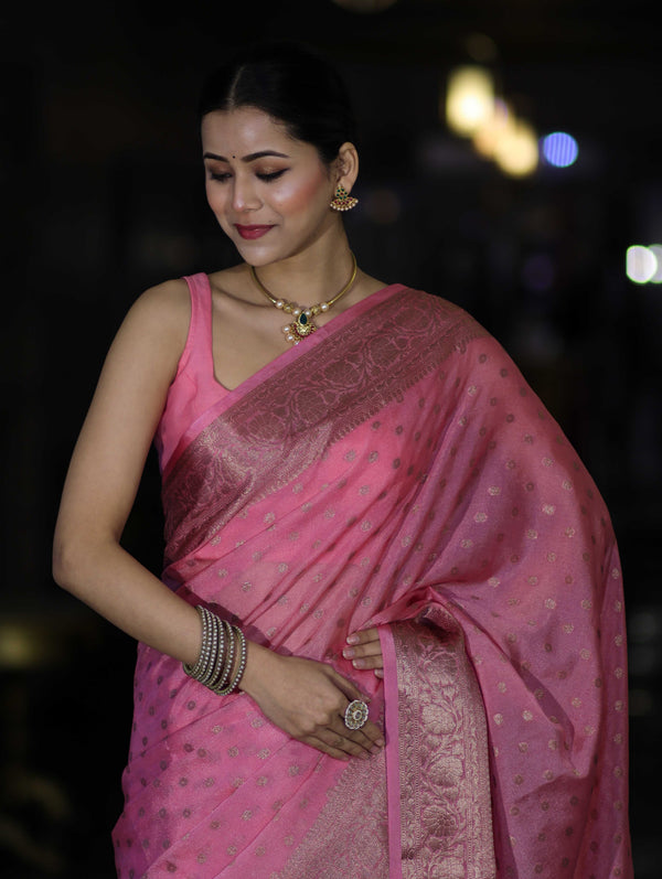 Banarasee Handloom Semi Silk Saree With Antique Zari Buti Design & Floral Border-Light Pink