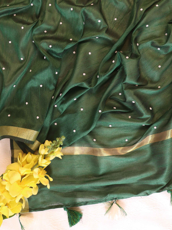 Banarasee Art Silk Dupatta With Hand-Embroidered Motifs-Green