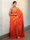 Banarasee Pure Chiniya Silk Saree With Zari Buti Work & Border-Orange