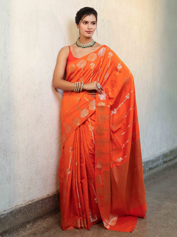 Banarasee Pure Chiniya Silk Saree With Zari Buti Work & Border-Orange