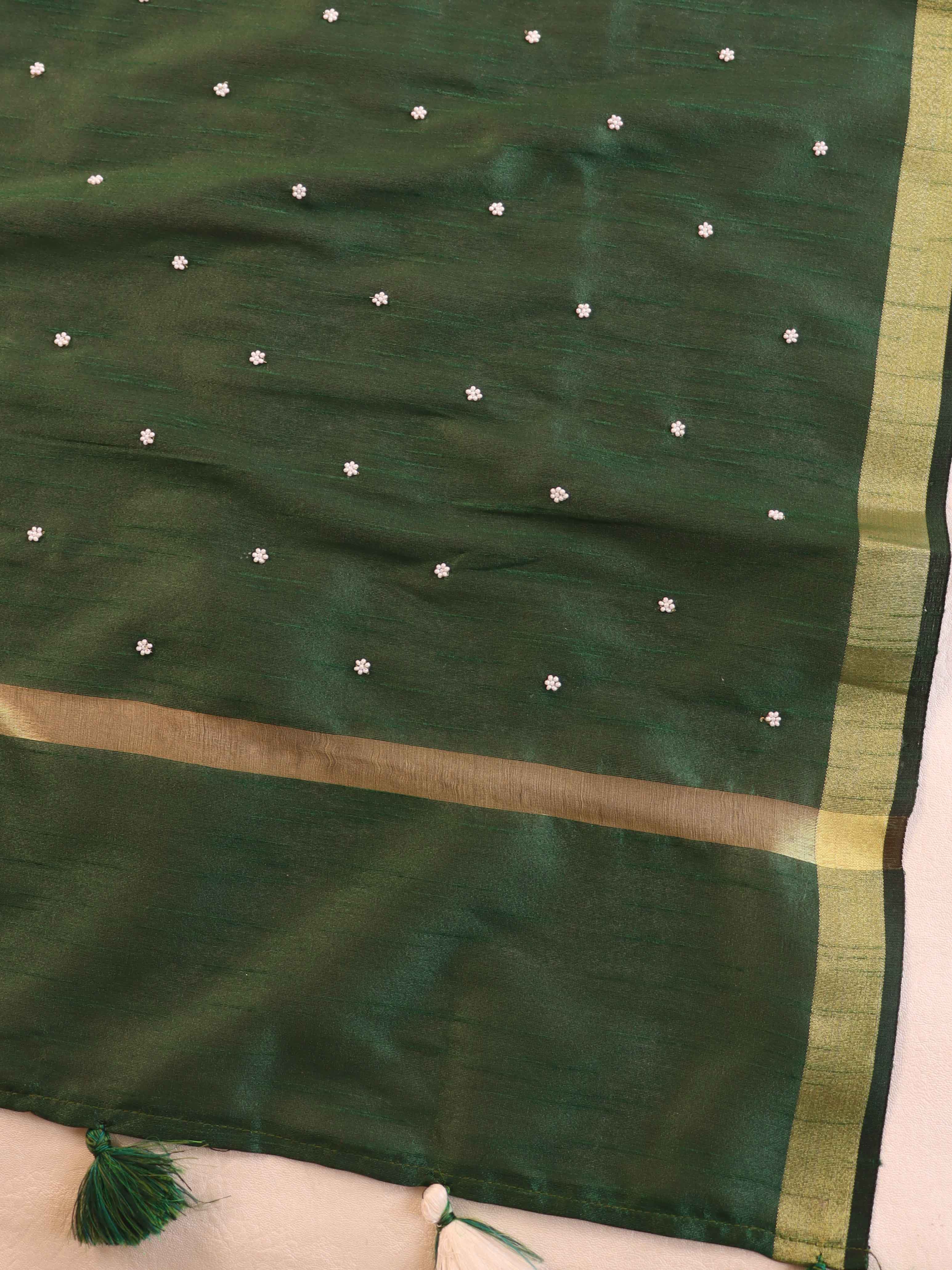 Banarasee Art Silk Dupatta With Hand-Embroidered Motifs-Green