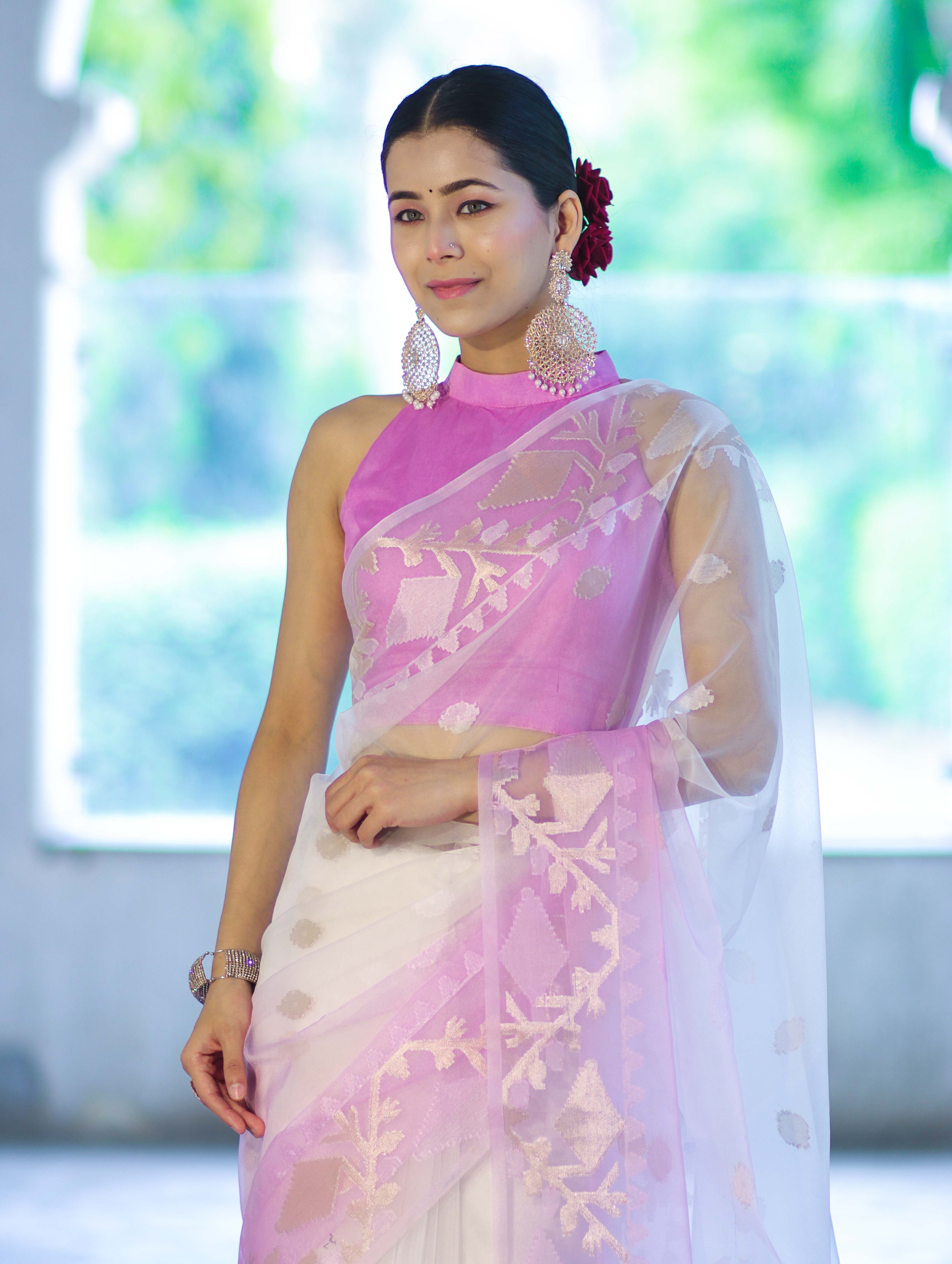 Banarasee Dual Color Organza Mix Saree With Resham & Zari Work-Pink & Off White