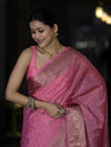 Banarasee Handloom Semi Silk Saree With Antique Zari Buti Design & Floral Border-Light Pink