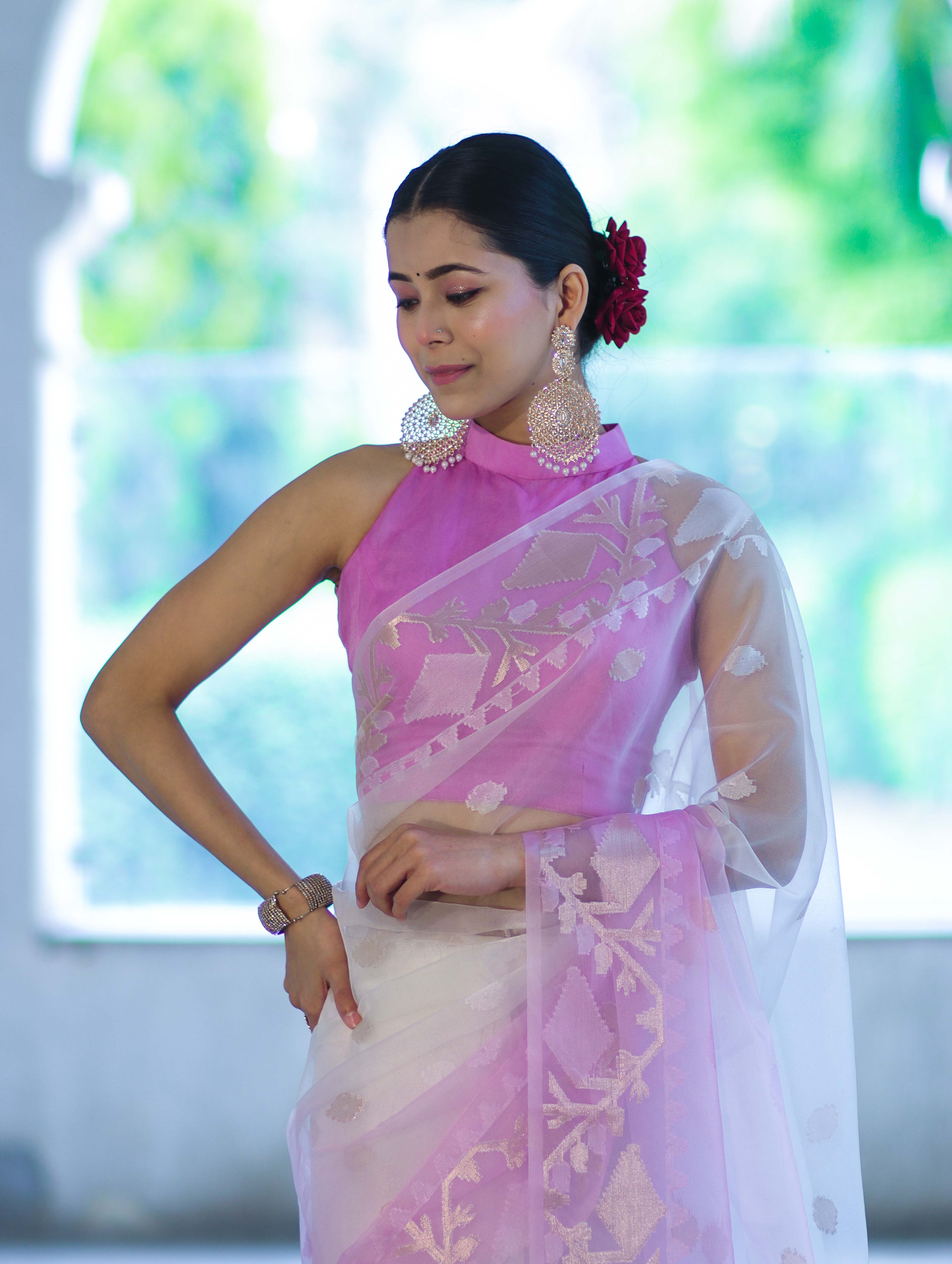 Banarasee Dual Color Organza Mix Saree With Resham & Zari Work-Pink & Off White