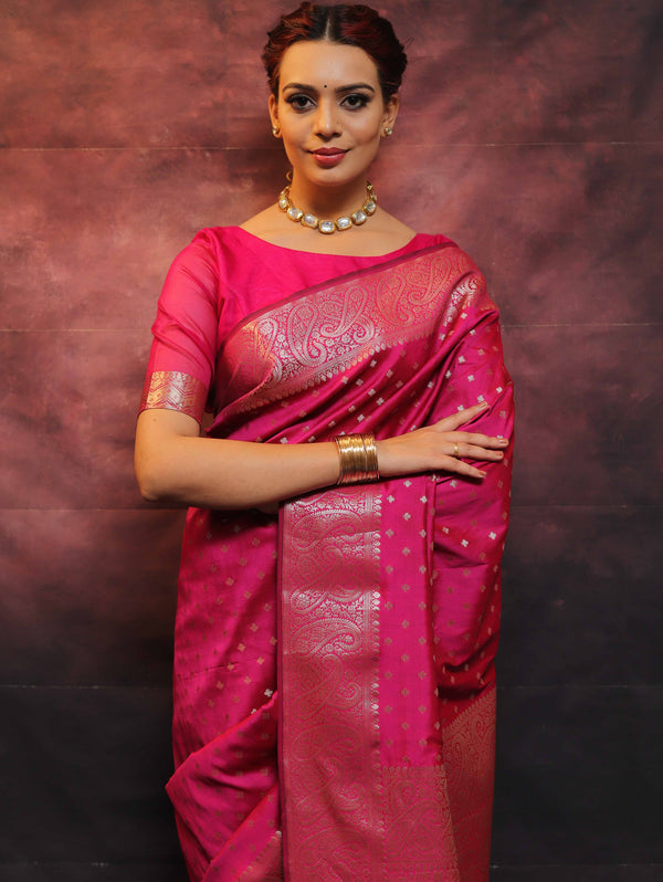Banarasee Handwoven Semi Silk Saree With Zari Work-Pink