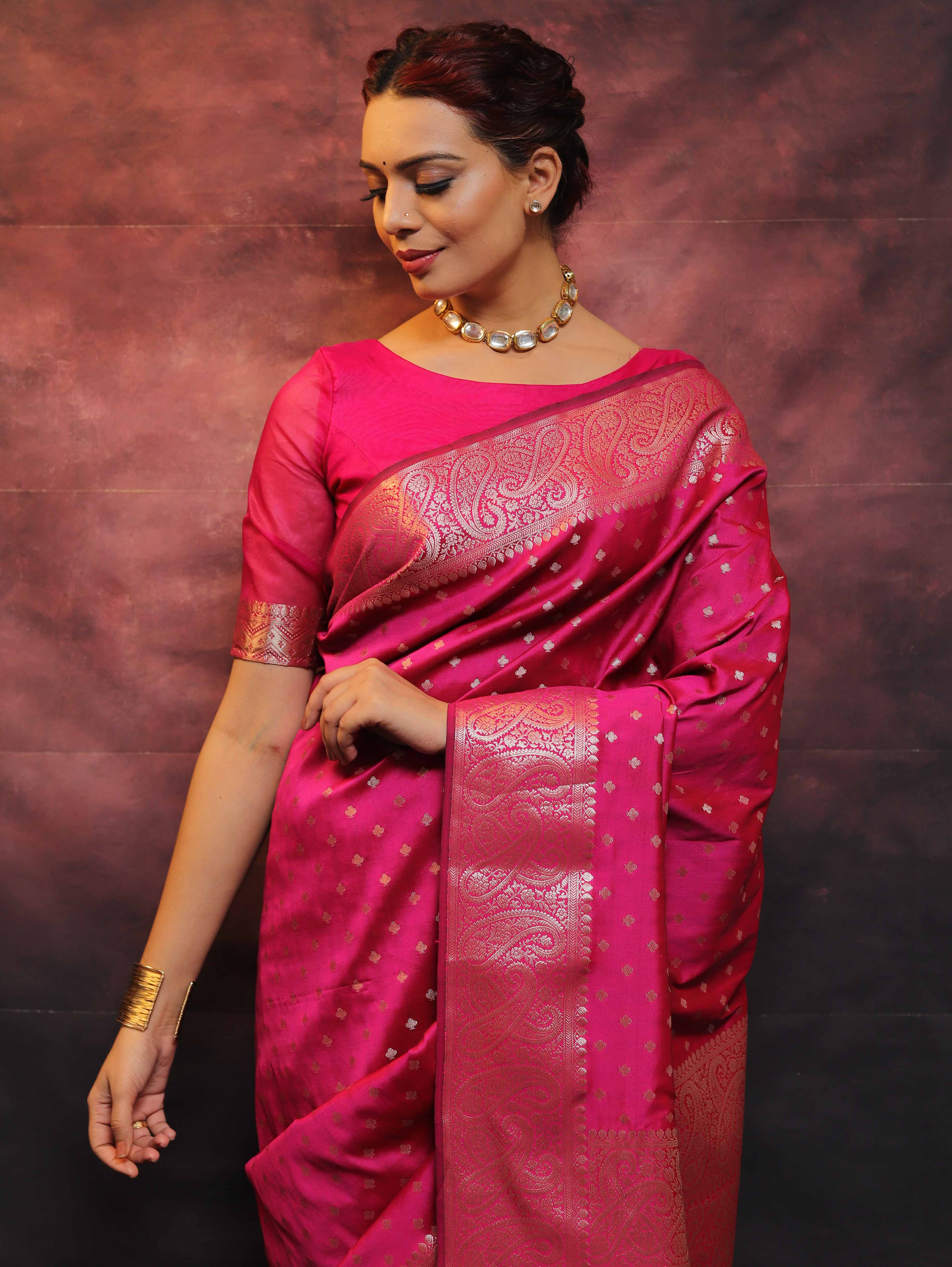 Banarasee Handwoven Semi Silk Saree With Zari Work-Pink