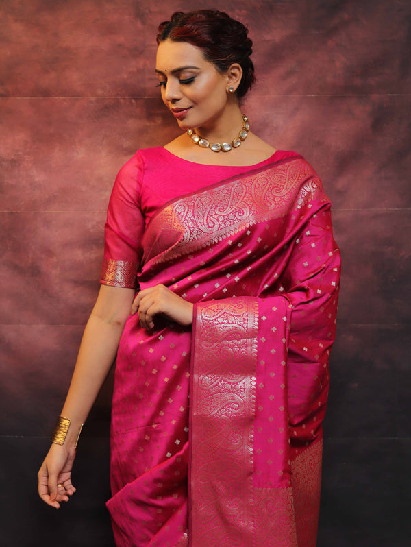 Banarasee Handwoven Semi Silk Saree With Zari Work-Pink