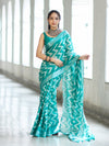Bhagalpur Handloom Pure Linen Cotton Zig-Zag Pattern Saree-Turquoise Green
