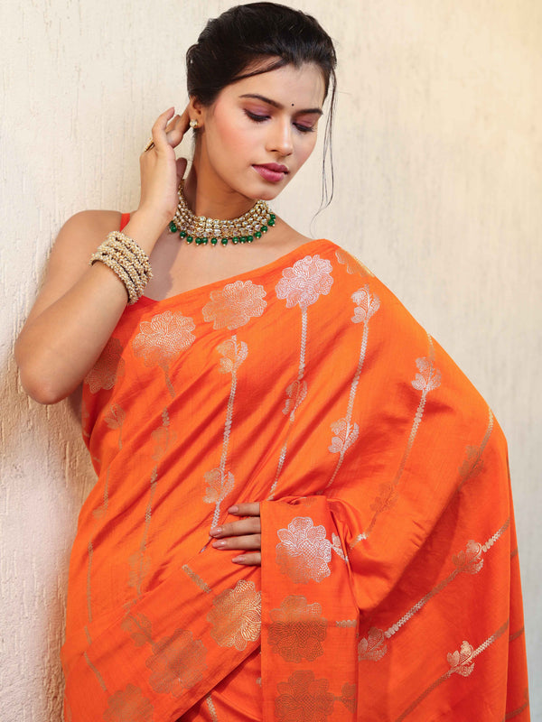 Banarasee Pure Chiniya Silk Saree With Zari Buti Work & Border-Orange