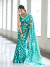 Bhagalpur Handloom Pure Linen Cotton Zig-Zag Pattern Saree-Turquoise Green