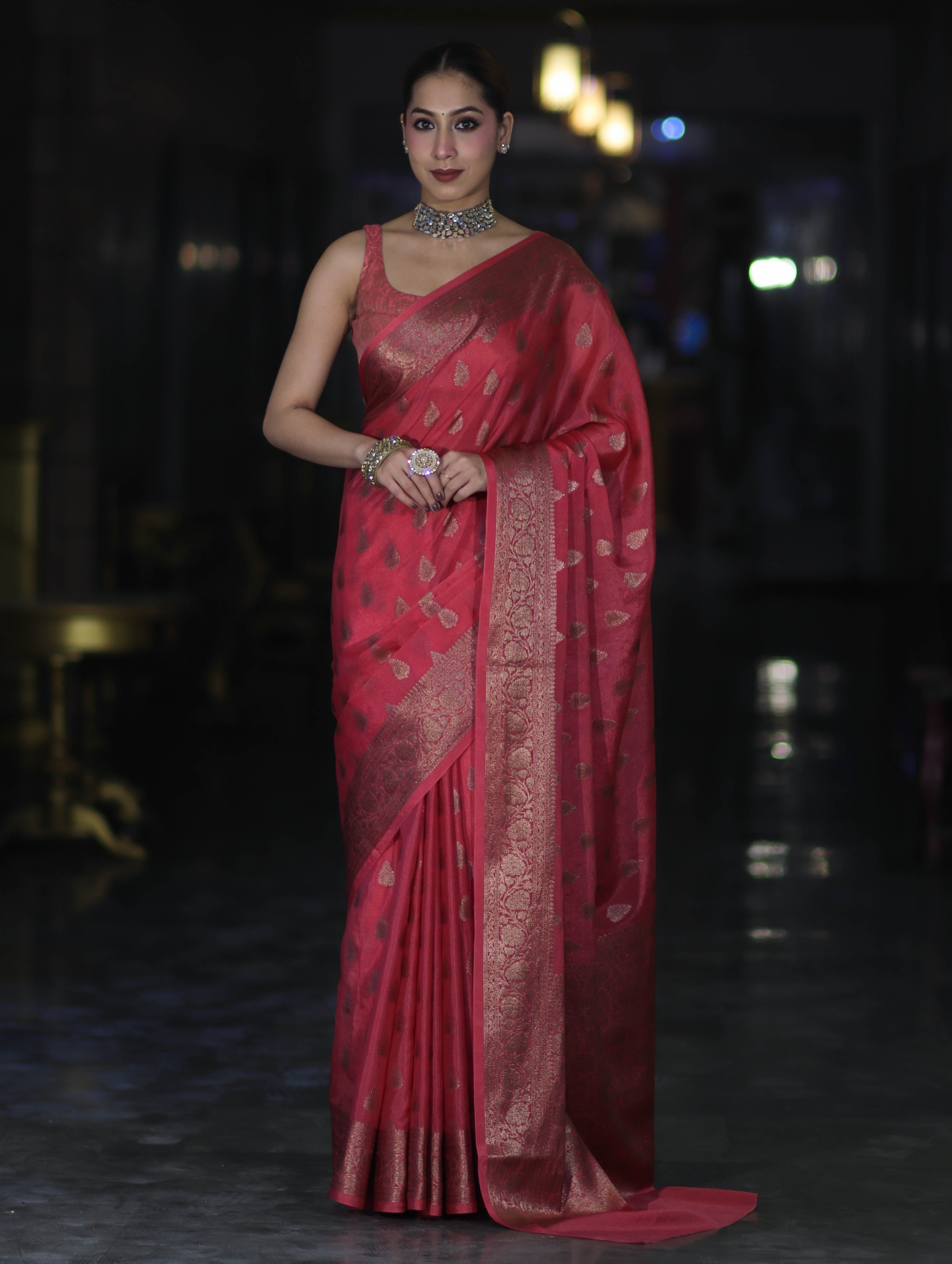 Banarasee Handloom Semi Silk Saree With Antique Zari Buta Design & Floral Border-Pink