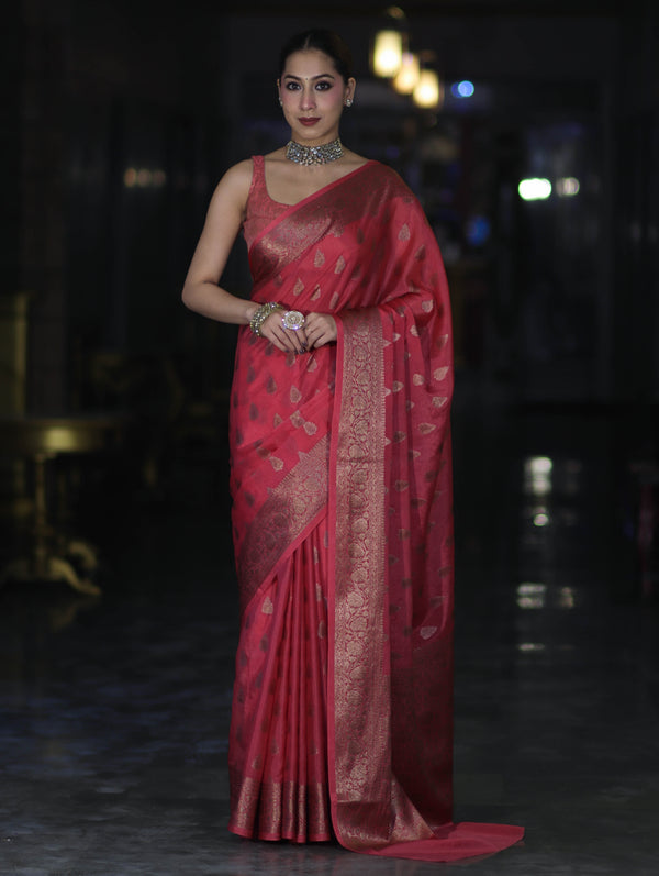 Banarasee Handloom Semi Silk Saree With Antique Zari Buta Design & Floral Border-Pink