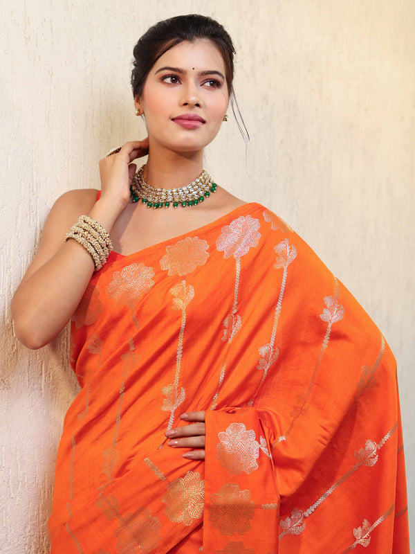Banarasee Pure Chiniya Silk Saree With Zari Buti Work & Border-Orange