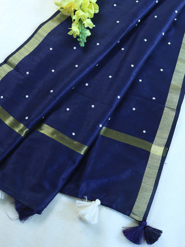 Banarasee Art Silk Dupatta With Hand-Embroidered Motifs-Blue