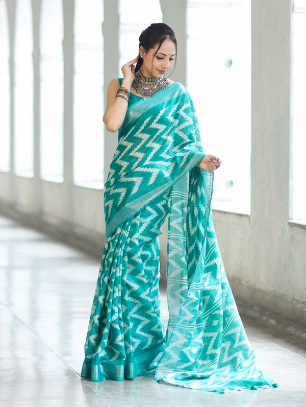 Bhagalpur Handloom Pure Linen Cotton Zig-Zag Pattern Saree-Turquoise Green