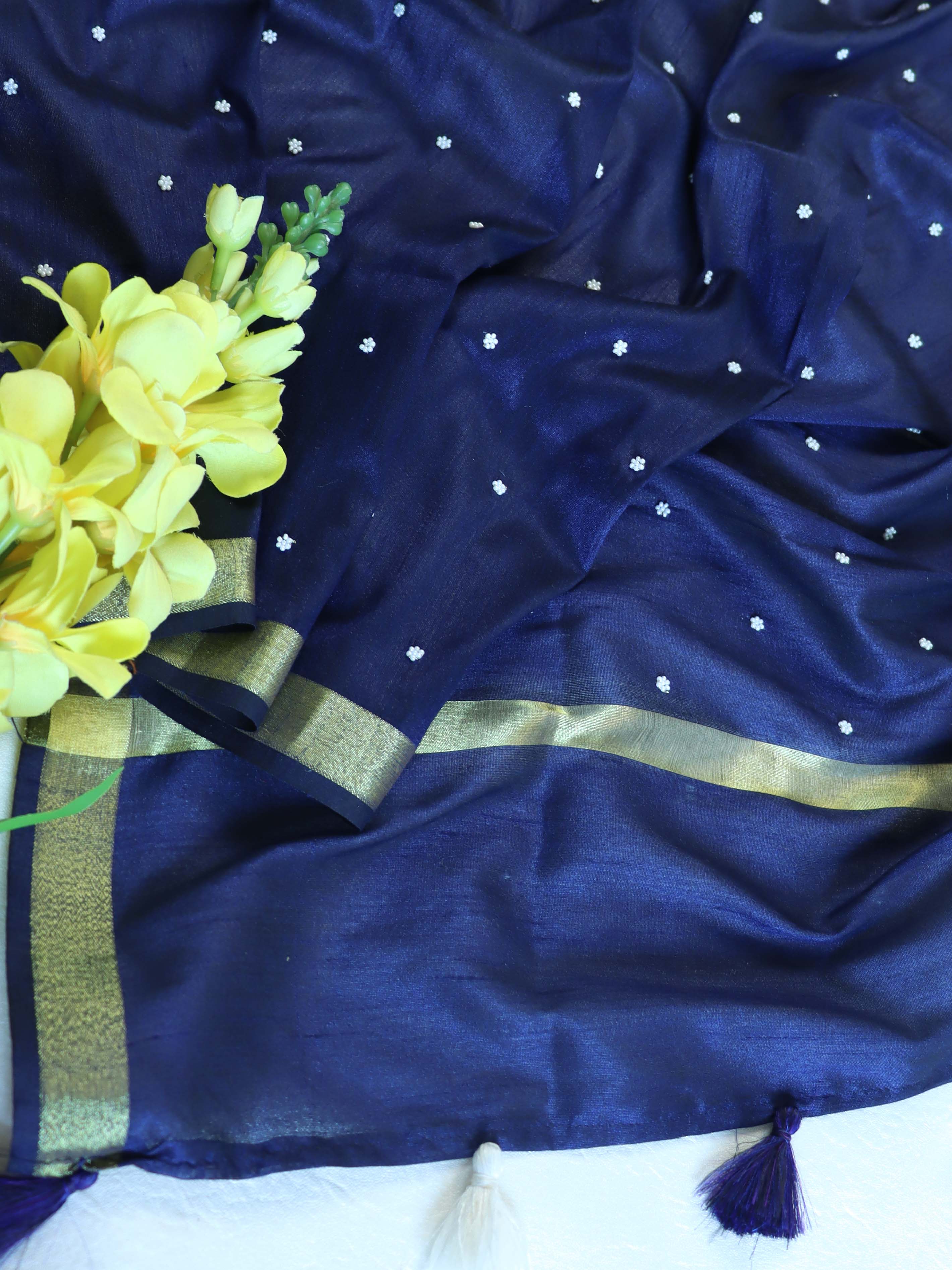 Banarasee Art Silk Dupatta With Hand-Embroidered Motifs-Blue