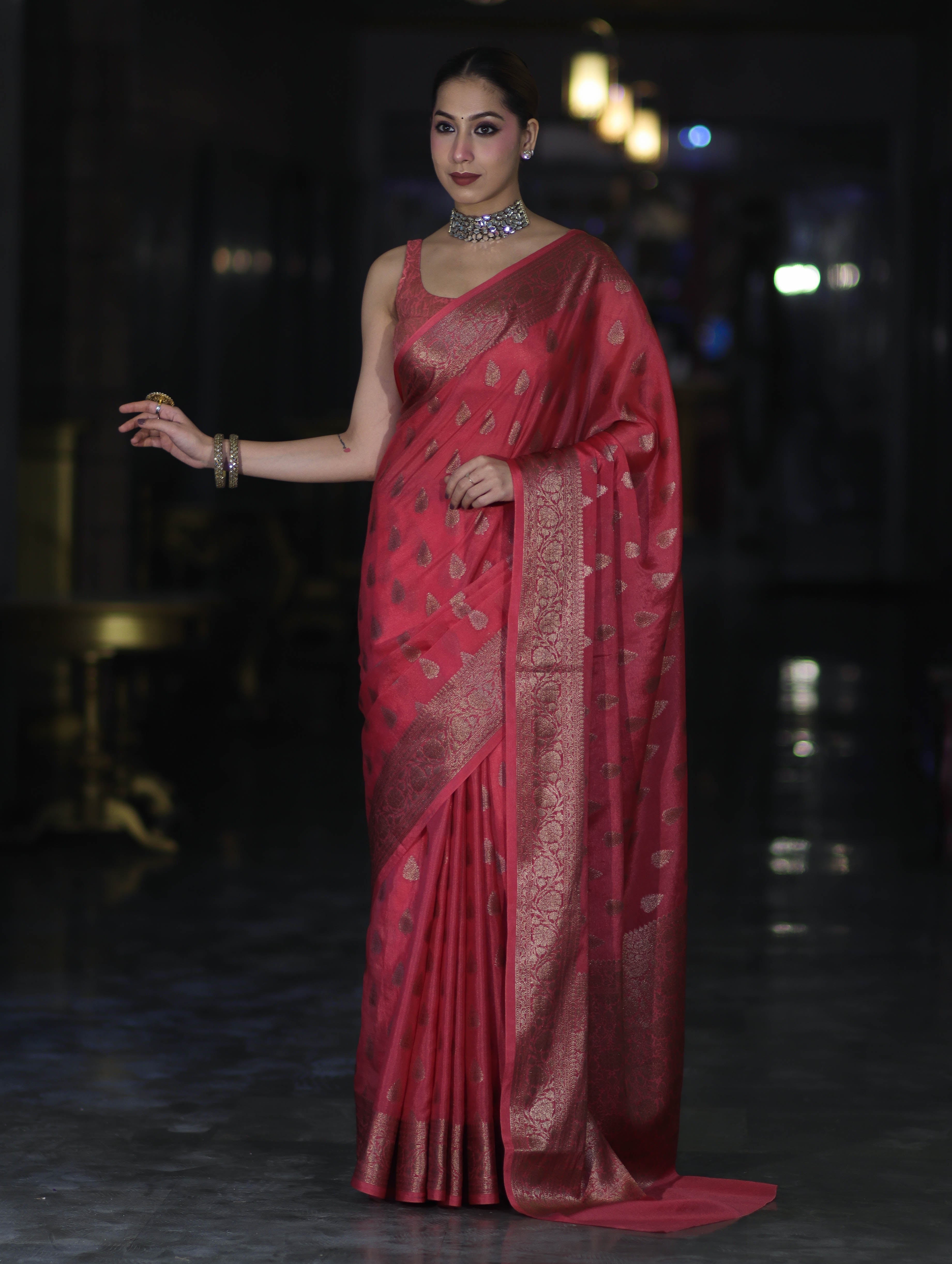 Banarasee Handloom Semi Silk Saree With Antique Zari Buta Design & Floral Border-Pink