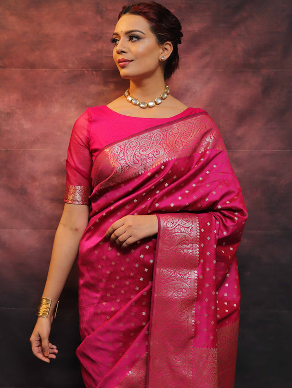 Banarasee Handwoven Semi Silk Saree With Zari Work-Pink