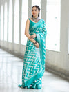 Bhagalpur Handloom Pure Linen Cotton Zig-Zag Pattern Saree-Turquoise Green