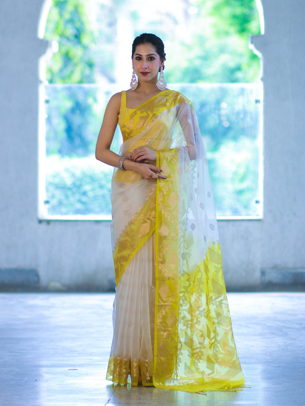 Banarasee Dual Color Organza Saree With Resham & Zari Work-Off White & Yellow