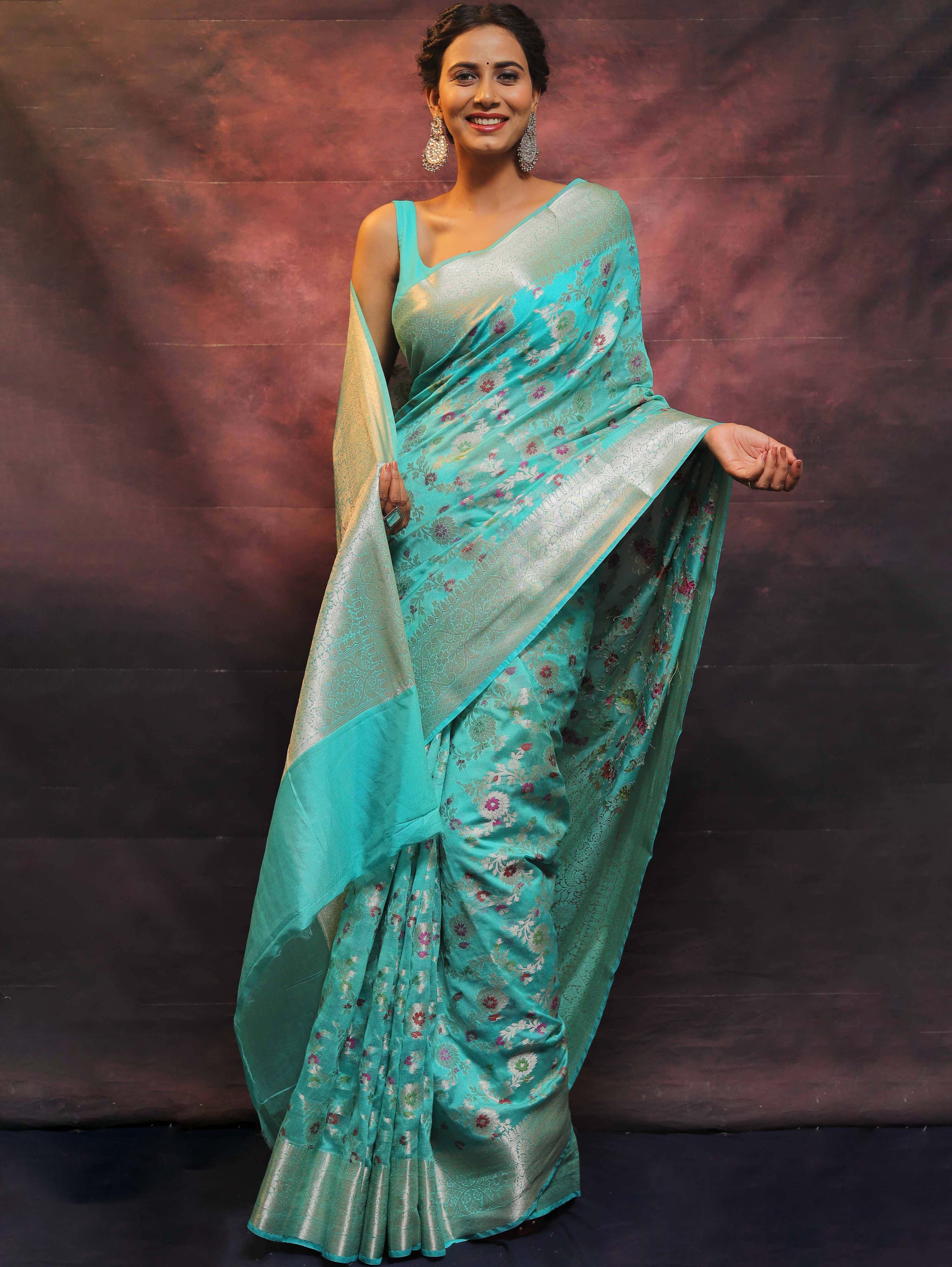 Banarasee Faux Georgette Saree With Sliver Zari & Resham Jaal Work-Sea Green