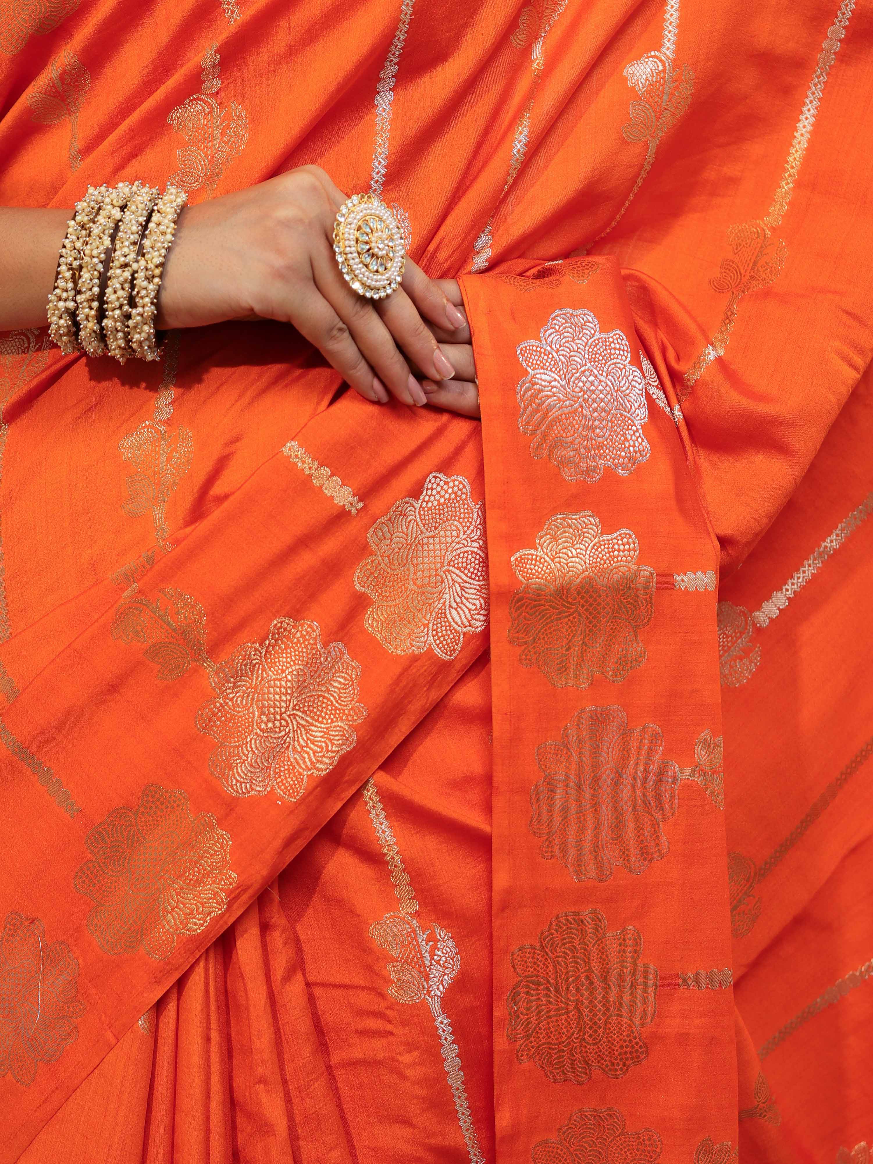 Banarasee Pure Chiniya Silk Saree With Zari Buti Work & Border-Orange