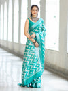 Bhagalpur Handloom Pure Linen Cotton Zig-Zag Pattern Saree-Turquoise Green
