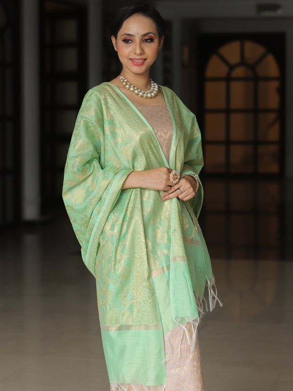 Banarasee Chanderi Cotton Salwar Kameez Fabric With Antique Zari & Contrast Dupatta-Mauve & Green