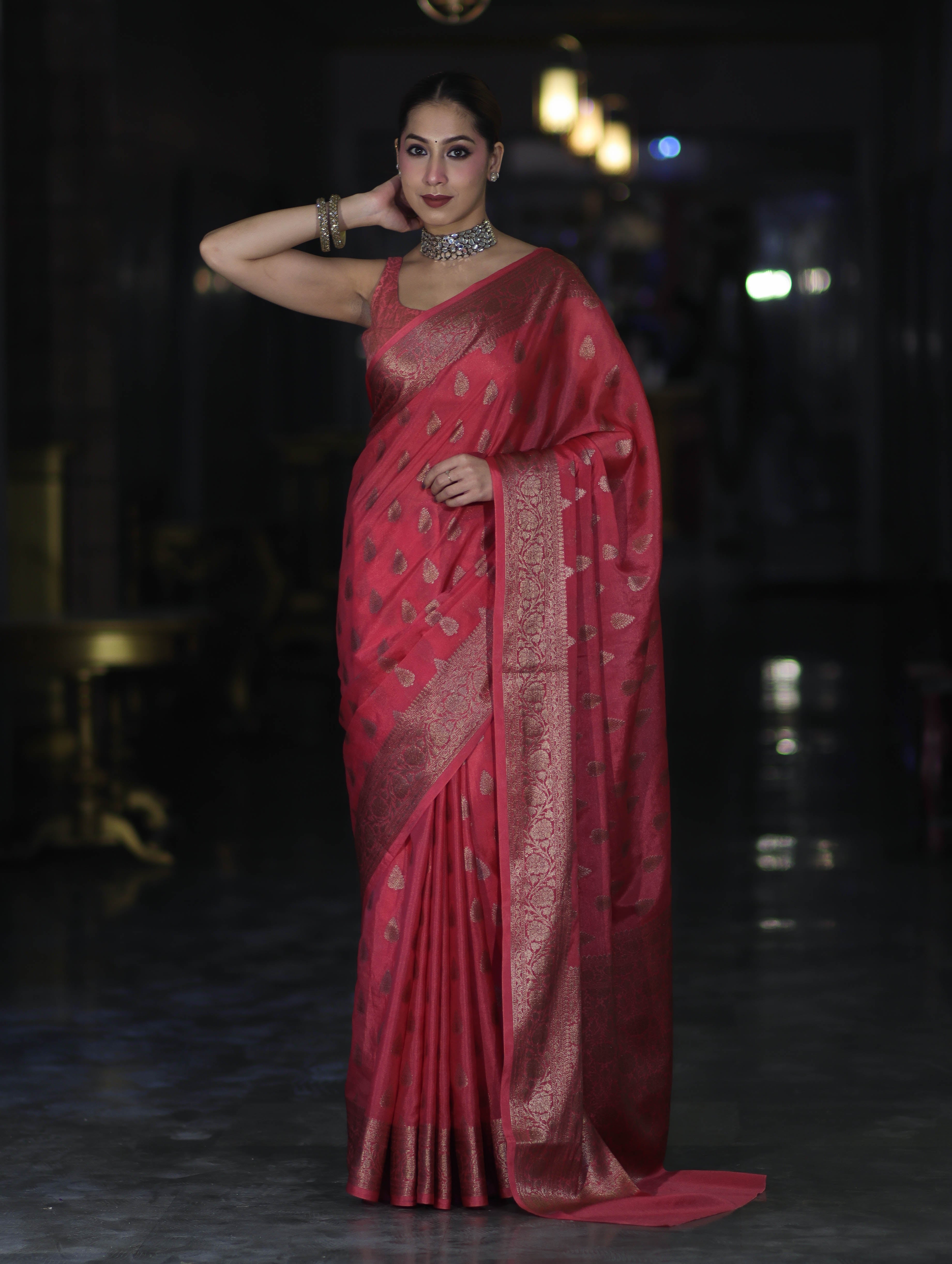 Banarasee Handloom Semi Silk Saree With Antique Zari Buta Design & Floral Border-Pink