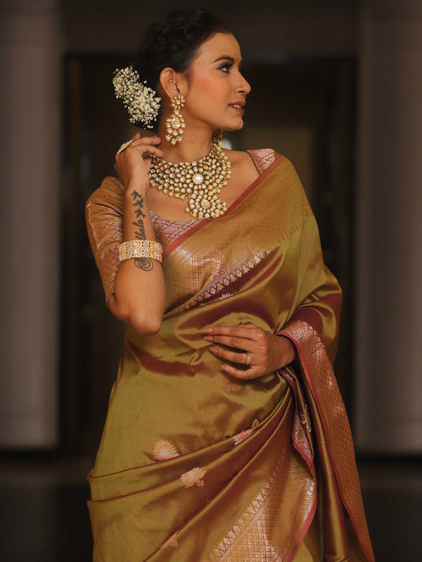 Banarasee Handwoven Dual Tone Semi Silk Saree With Zari Buti-Olive Green