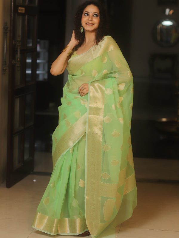 Banarasee Organza Saree With Zari Buta Design-Light Green