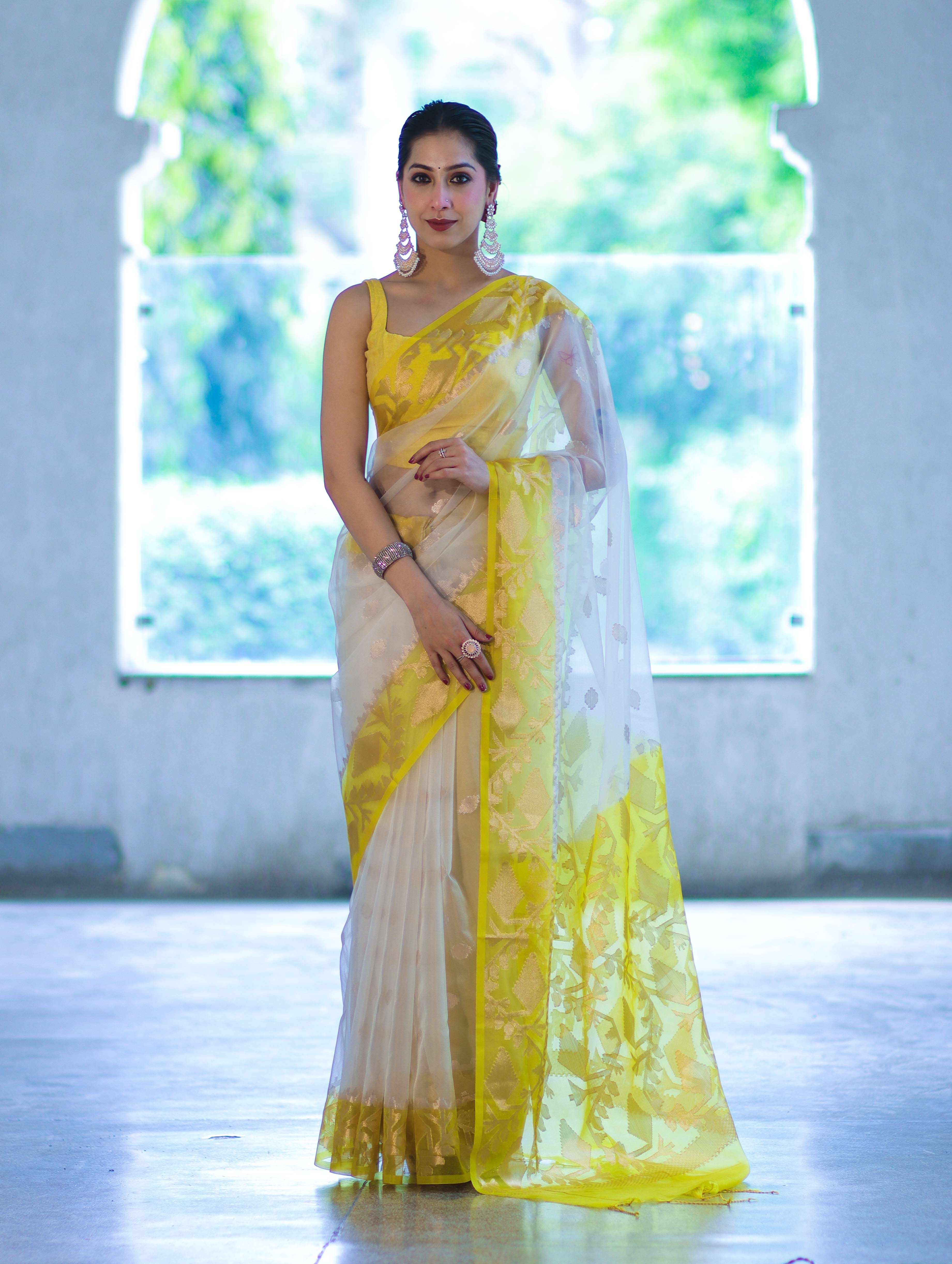 Banarasee Dual Color Organza Saree With Resham & Zari Work-Off White & Yellow