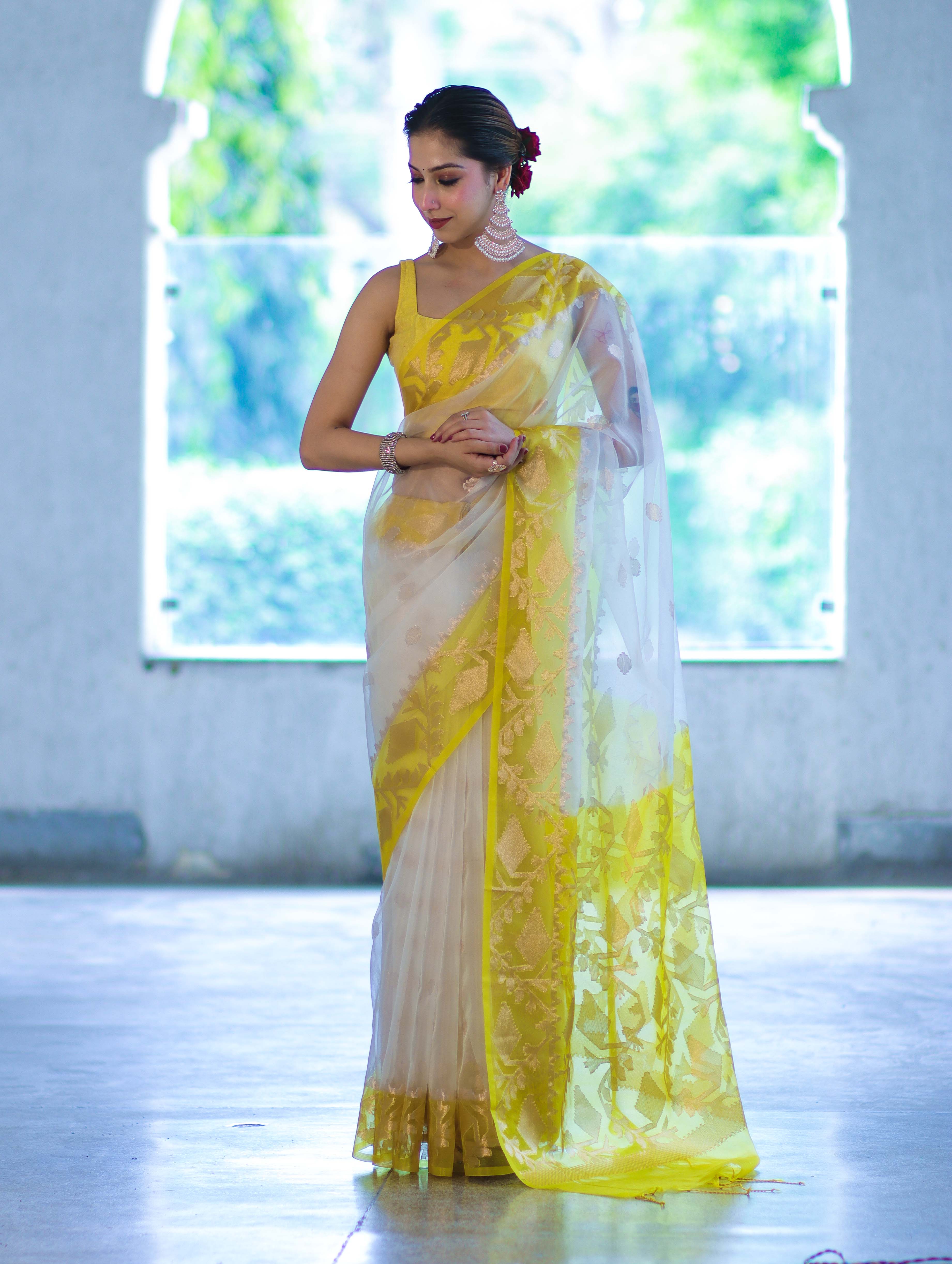 Banarasee Dual Color Organza Saree With Resham & Zari Work-Off White & Yellow
