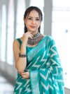 Bhagalpur Handloom Pure Linen Cotton Zig-Zag Pattern Saree-Turquoise Green