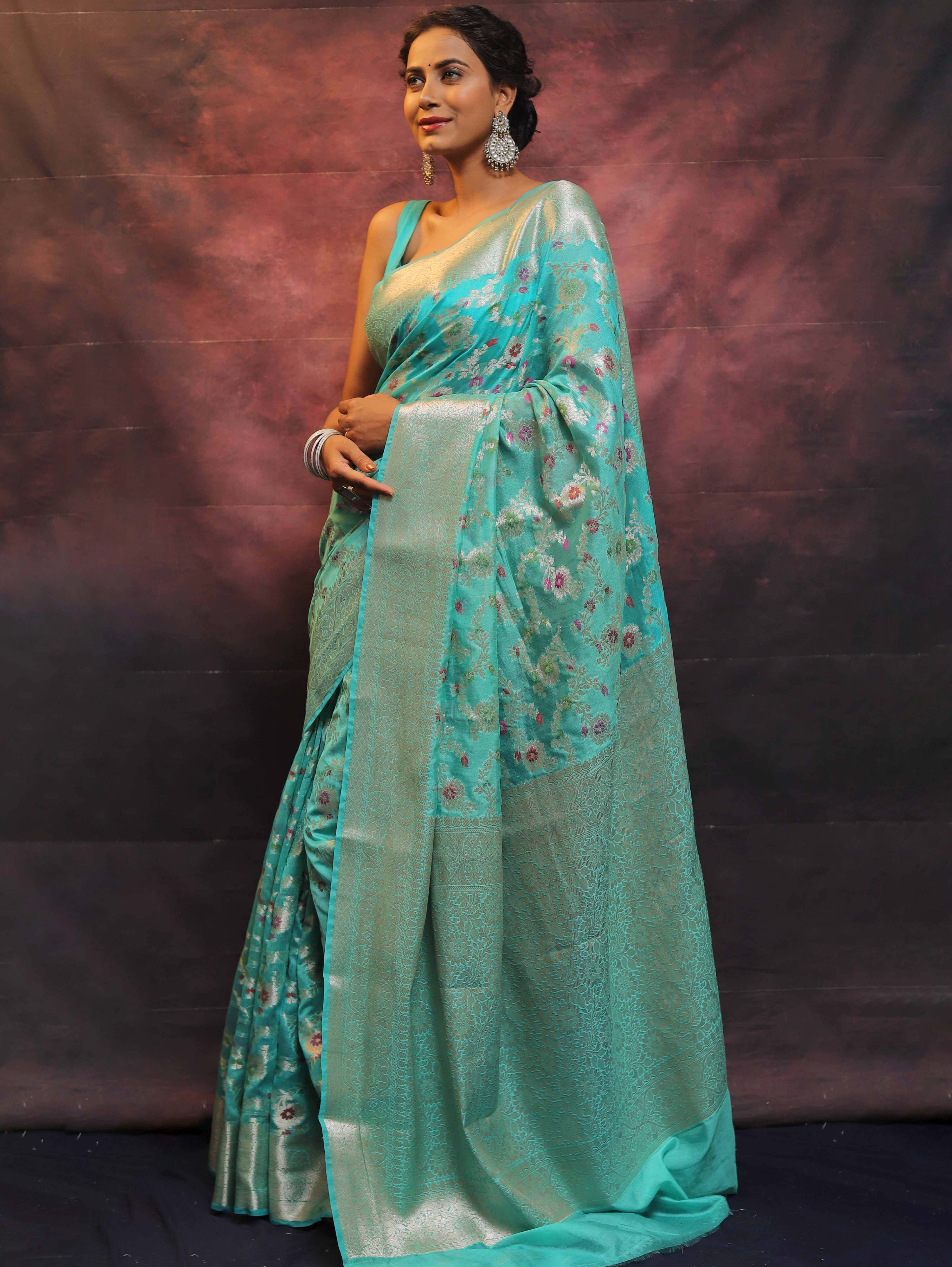 Banarasee Faux Georgette Saree With Sliver Zari & Resham Jaal Work-Sea Green