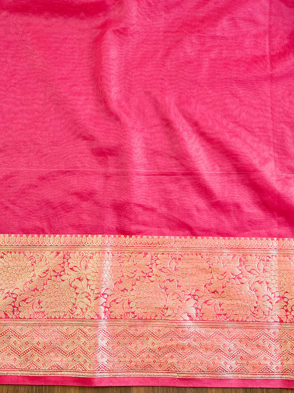 Banarasee Handwoven Organza Floral Embroidery Saree-Pink