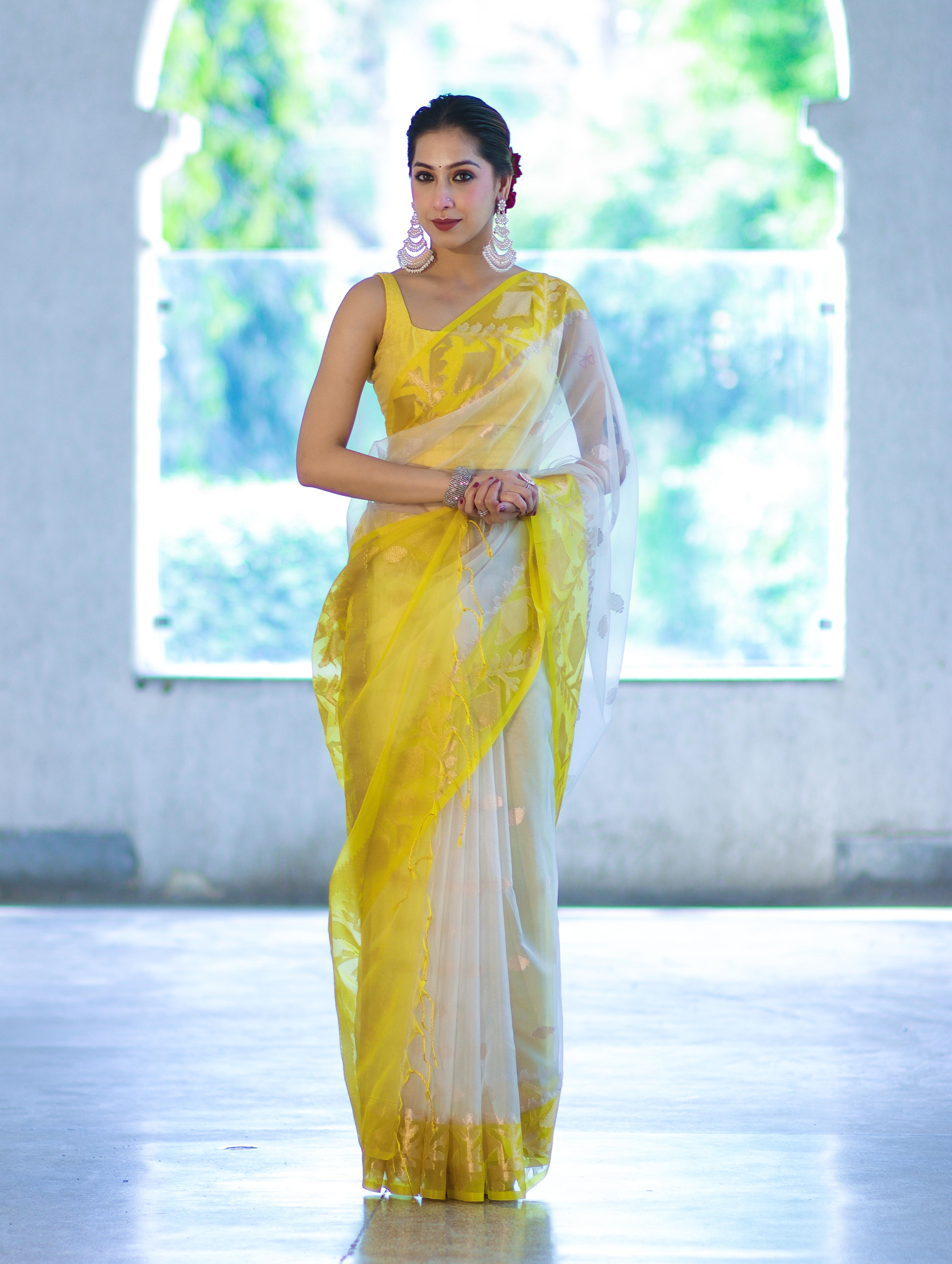 Banarasee Dual Color Organza Saree With Resham & Zari Work-Off White & Yellow