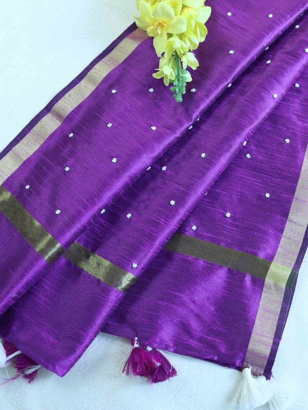 Banarasee Art Silk Dupatta With Hand-Embroidered Motifs-Purple