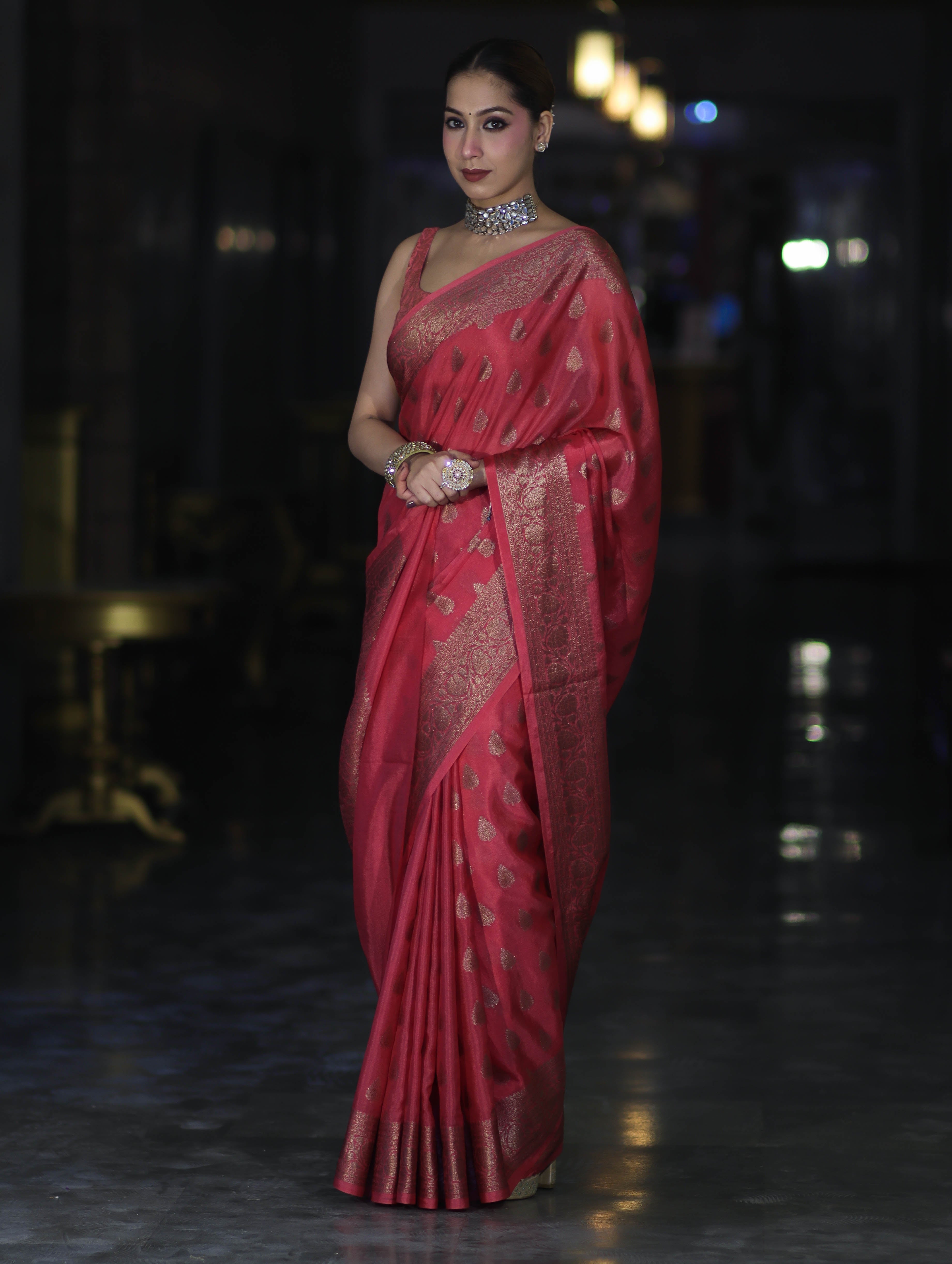 Banarasee Handloom Semi Silk Saree With Antique Zari Buta Design & Floral Border-Pink