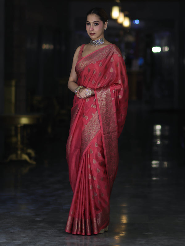 Banarasee Handloom Semi Silk Saree With Antique Zari Buta Design & Floral Border-Pink