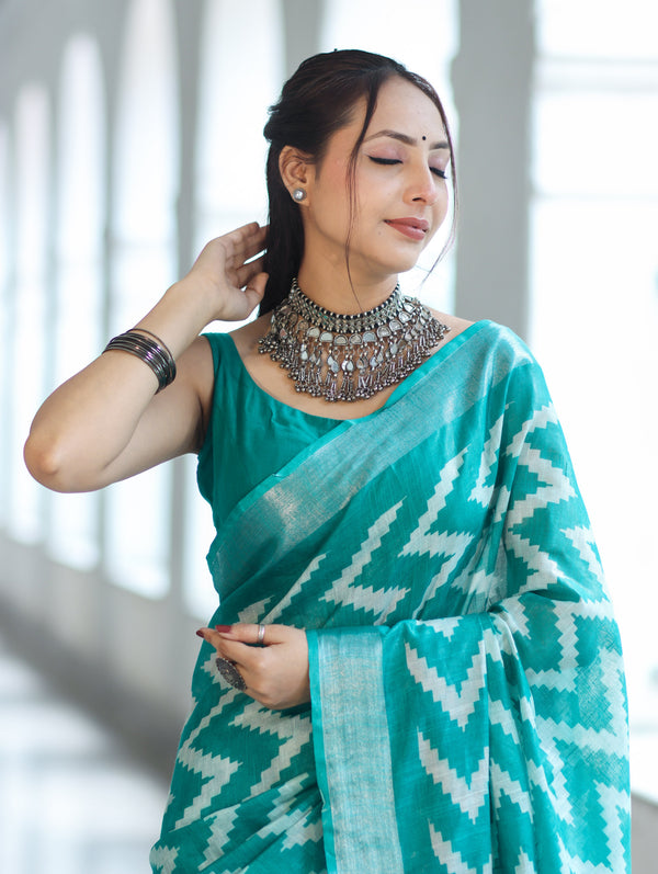 Bhagalpur Handloom Pure Linen Cotton Zig-Zag Pattern Saree-Turquoise Green
